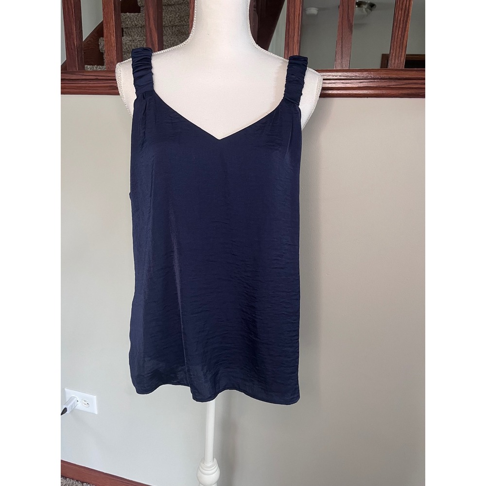 Vince Camuto Navy Blue Hammered Satin V-Neck Ruched Strap Tank Top XL NEW